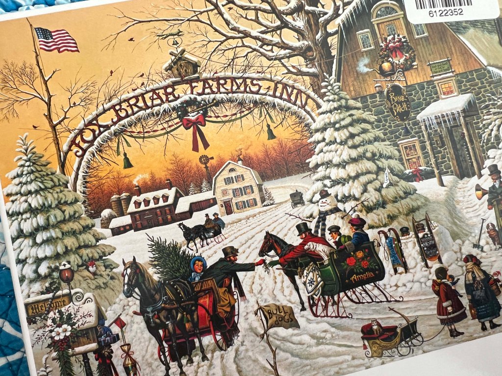 A winter scene depicting a quaint inn entrance adorned with festive decorations and snow-covered trees. People in period clothing engage in holiday activities, including horse-drawn sleighs and playing in the snow, with a warm sunset backdrop.