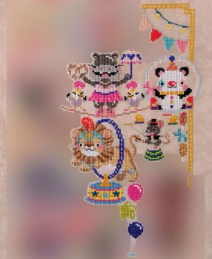 Colorful embroidery design featuring a lion, panda, and other playful animals with circus elements like balloons and a jester hat.